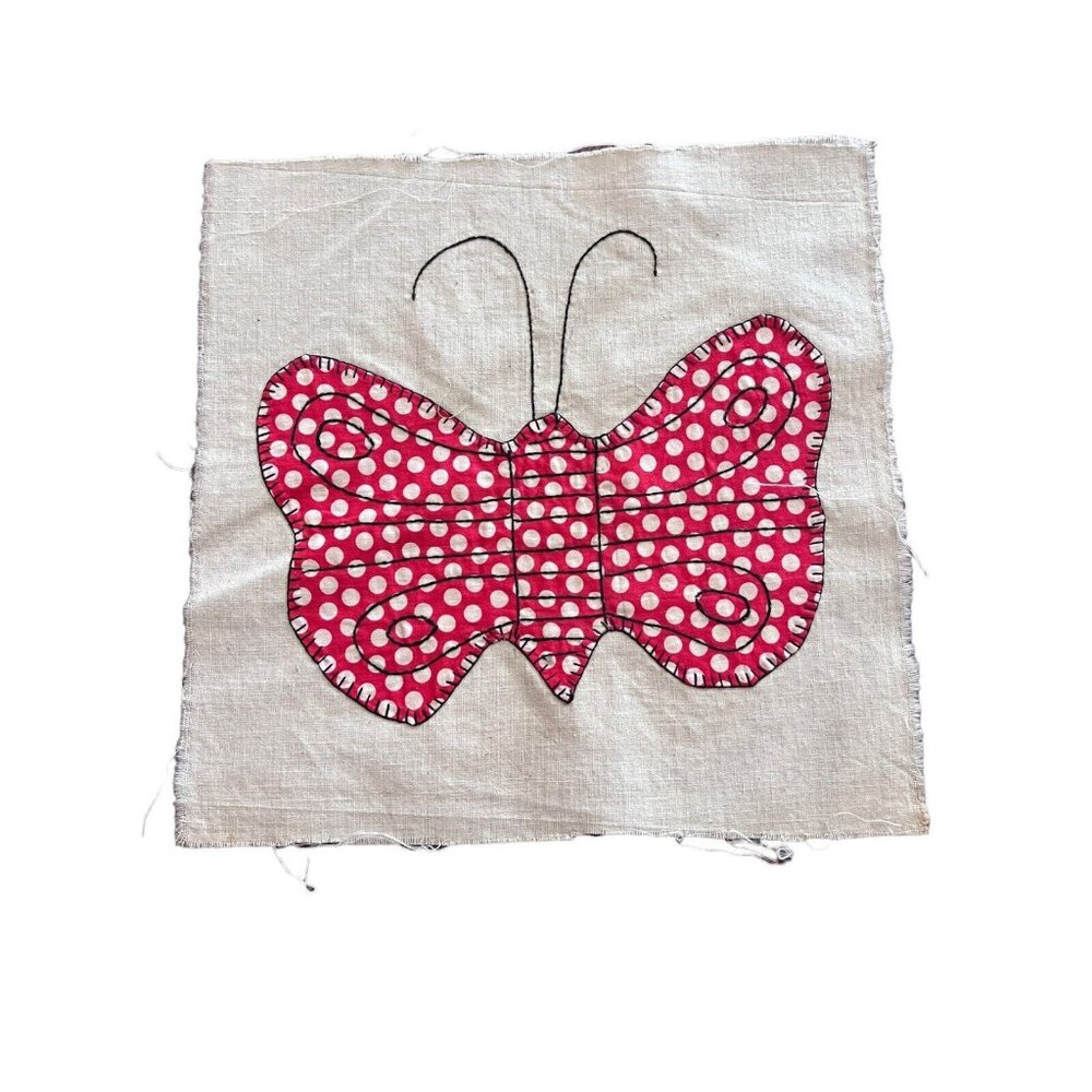 HM Farmhouse Vtg Red Butterfly Embroidered Applique Muslin Pillow Quilt Square